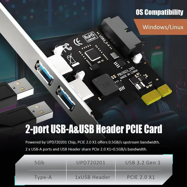 Alt view image 3 of 7 - U3055-N 2-Port PCIe USB-A Expansion Card with 19Pin USB Header for Front Panel, Compatible with Windows Linux (Not for Mac OS)