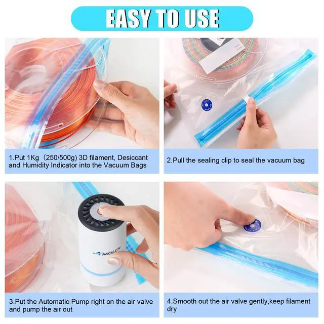 Alt view image 4 of 7 - 28PCS Filament Storage Bags Vacuum Kit, Cleaning Drying Sealed 16 Bags with Two Sizes for 3D Printer Filament with Automatic Pumps/Desiccants/Clips