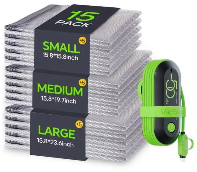 Main image of Vacuum Bags for Travel with USB Electric Pump, 15 Pack Carry-on Size Compression Packing for Luggage and Suitcase, Space Saver Bags for Clothes and Clothing Travel
