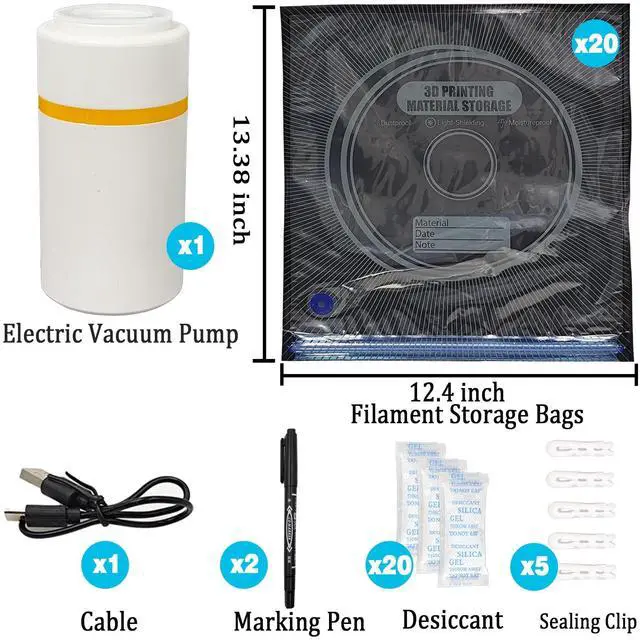 Alt view image 2 of 7 - Filament Storage Bags Vacuum Storage Kit (13.4x12.6 inches), 20 Packs Lightproof Storage Bags, Desiccants, Auto Pump, Sealing Clips, Marker Pen, Humidity Resistant, Light-Proof