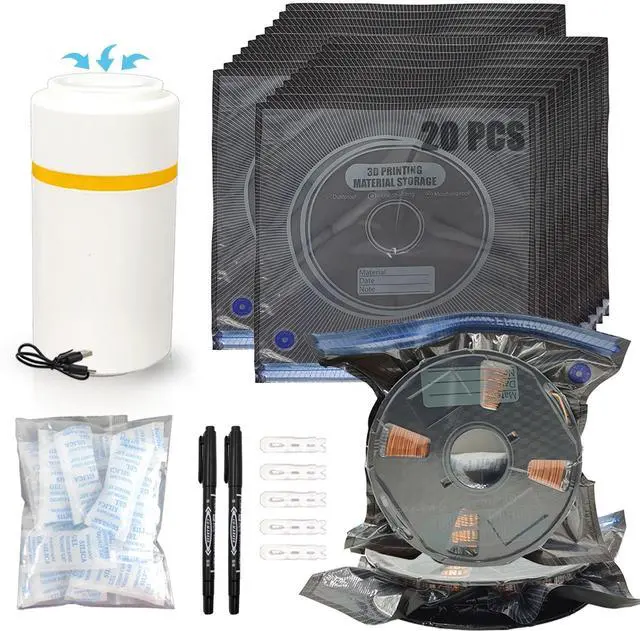 Main image of Filament Storage Bags Vacuum Storage Kit (13.4x12.6 inches), 20 Packs Lightproof Storage Bags, Desiccants, Auto Pump, Sealing Clips, Marker Pen, Humidity Resistant, Light-Proof