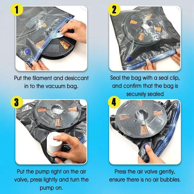 Alt view image 6 of 7 - Filament Storage Bags Vacuum Storage Kit (13.4x12.6 inches), 20 Packs Lightproof Storage Bags, Desiccants, Auto Pump, Sealing Clips, Marker Pen, Humidity Resistant, Light-Proof