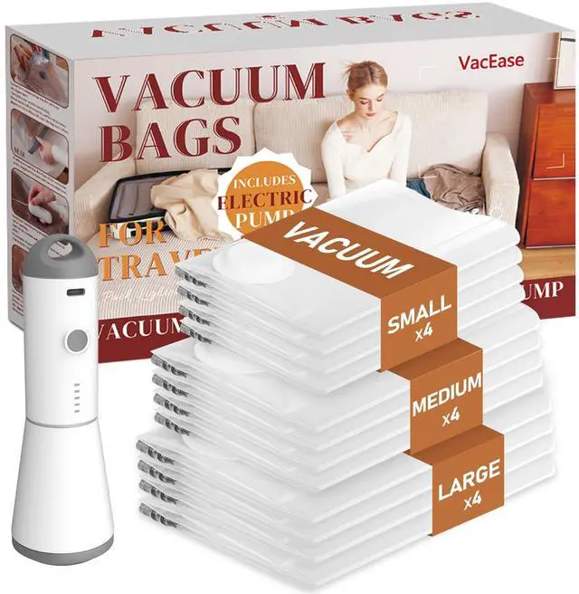 Main image of Travel Vacuum Storage Bags with Rechargeable Cordless Pump, 12 Pack Vacuum Seal Bags for Clothing(4 Large+4 Medium+4 Small), Compression Packing for Clothes Suitcase Luggage Blanket Pillows
