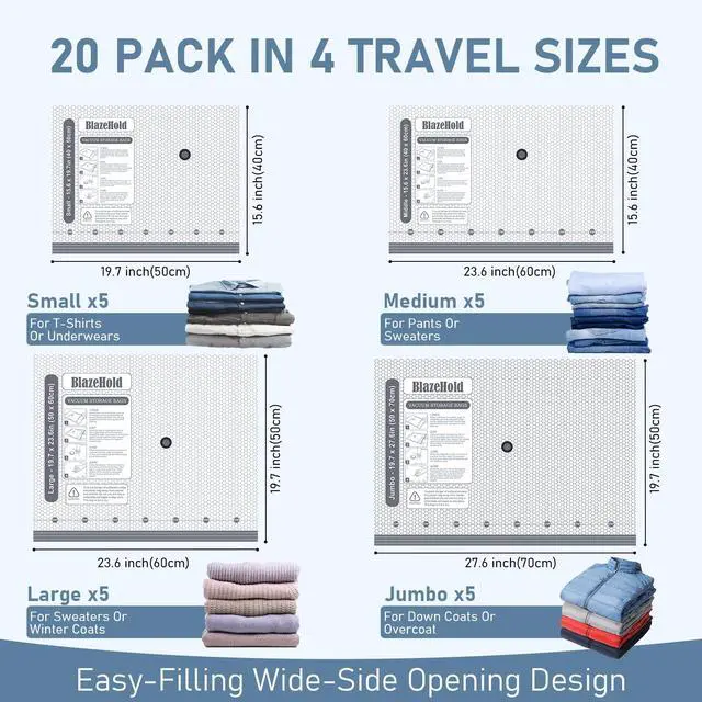 Alt view image 4 of 7 - Travel Vacuum Storage Bags with Rechargeable Cordless Pump, 20 Pack 4 Sizes Compression Packing Bag Set for Luggage, Thickened Vacuum Seal Bags for Clothing, Triple-Zipper Sealer Upgrade