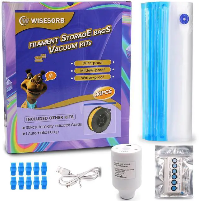 Main image of 3D Print Filament Storage Bag Vacuum Kits - 30Pcs Cleaning Drying Sealed Bags with 30Pcs Humidity Indicator Cards & Auto-Pump