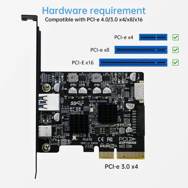 Alt view image 3 of 7 - USB 3.1 PCIe Card, PCI-e 3.0 x4 to USB3.2 Gen2 Adapter (10Gbps) Expands to 20Pin + Type-E + 1x USB 3.0 + 1x USB C
