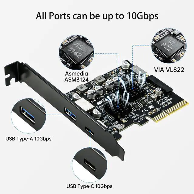 Alt view image 2 of 7 - USB 3.1 PCIe Card, PCI-e 3.0 x4 to USB3.2 Gen2 Adapter (10Gbps) Expands to 20Pin + Type-E + 1x USB 3.0 + 1x USB C