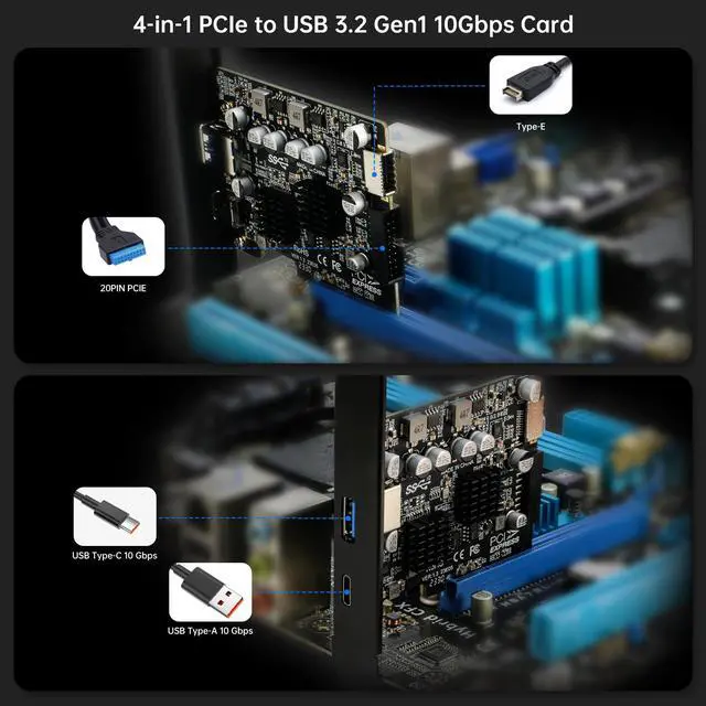 Alt view image 6 of 7 - USB 3.1 PCIe Card, PCI-e 3.0 x4 to USB3.2 Gen2 Adapter (10Gbps) Expands to 20Pin + Type-E + 1x USB 3.0 + 1x USB C