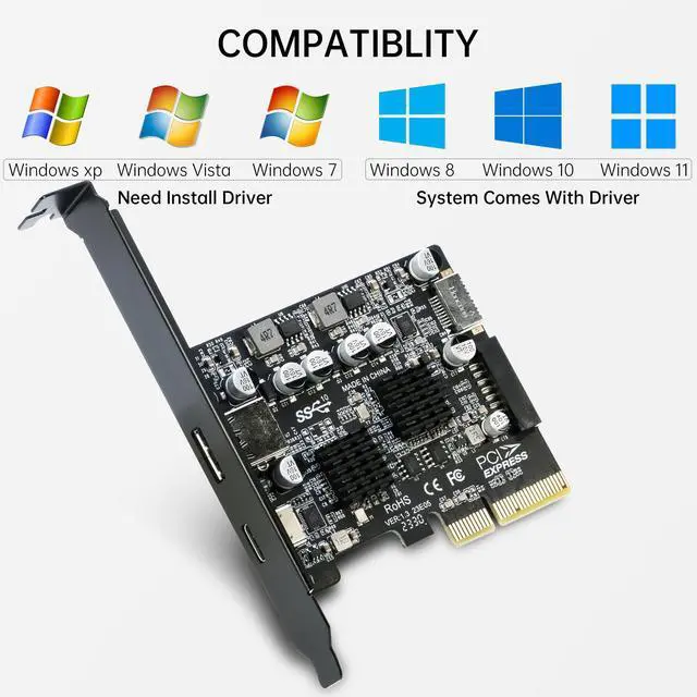 Alt view image 5 of 7 - USB 3.1 PCIe Card, PCI-e 3.0 x4 to USB3.2 Gen2 Adapter (10Gbps) Expands to 20Pin + Type-E + 1x USB 3.0 + 1x USB C