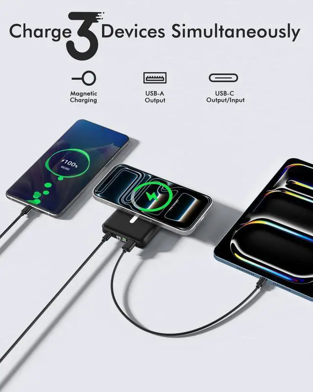 Alt view image 4 of 5 - for Magsafe Power Bank, 10000mAh Magnetic Portable Charger with 22.5W PD Fast Charging USB-C Cable LED Display Wireless Battery Pack for iPhone 17/16/15/14/13/12 Series-Black