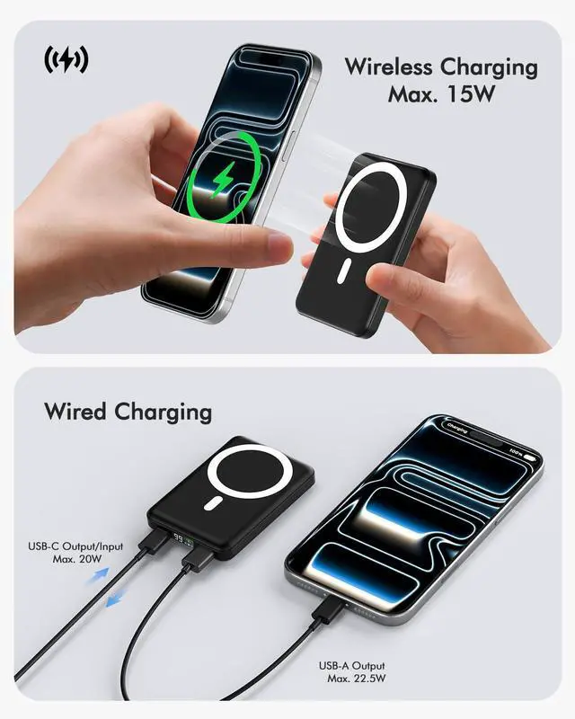 Alt view image 3 of 5 - for Magsafe Power Bank, 10000mAh Magnetic Portable Charger with 22.5W PD Fast Charging USB-C Cable LED Display Wireless Battery Pack for iPhone 17/16/15/14/13/12 Series-Black