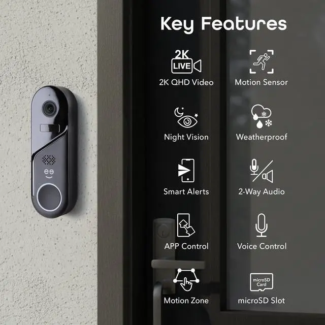 Alt view image 2 of 7 - Halo 3MP Smart Video Doorbell Camera Battery Powered or Hardwired Surveillance Includes Plug-in Chime, 2K HD Video, 2-Way Audio, & Night Vision Alexa & Google Assistant Compatible