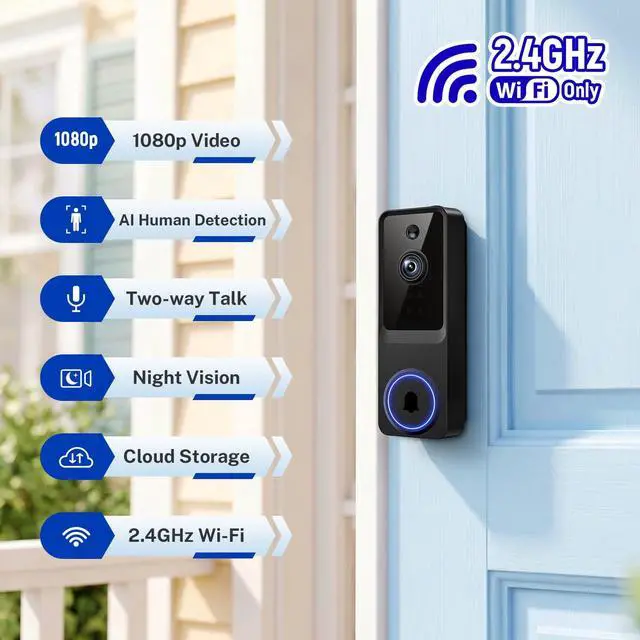 Alt view image 7 of 7 - 1080p Wireless Wi-Fi Video Doorbell Camera with Smart Human Detection, Night Vision, Two Way Audio, Cloud Storage, Support 2.4G WiFi Only