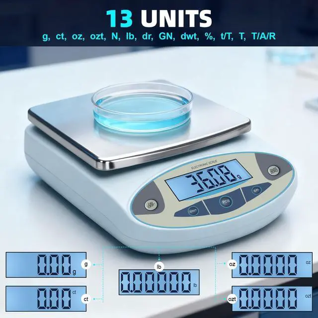 Alt view image 3 of 7 - Lab Scale 5000g x 0.01g,13 Unit 0.01g Accuracy High Precision Digital Analytical Balance, Electronic Laboratory Precision Gram Scale Digital Kitchen/Jewelry/Scientific Scale