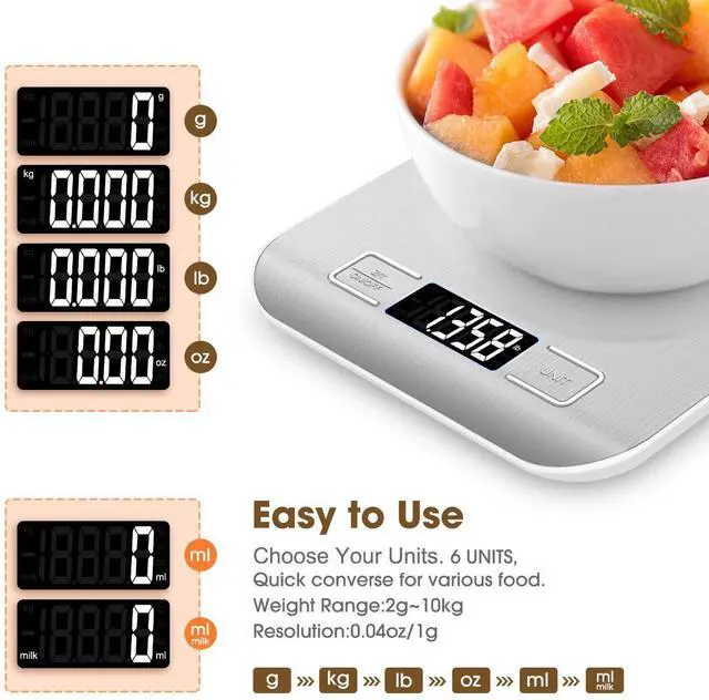 Alt view image 3 of 7 - Food Scale, 22lb Digital Kitchen Scale Weight Grams and Oz for Baking and Cooking, 1g/0.1oz Precise Graduation, Easy Clean Stainless Steel