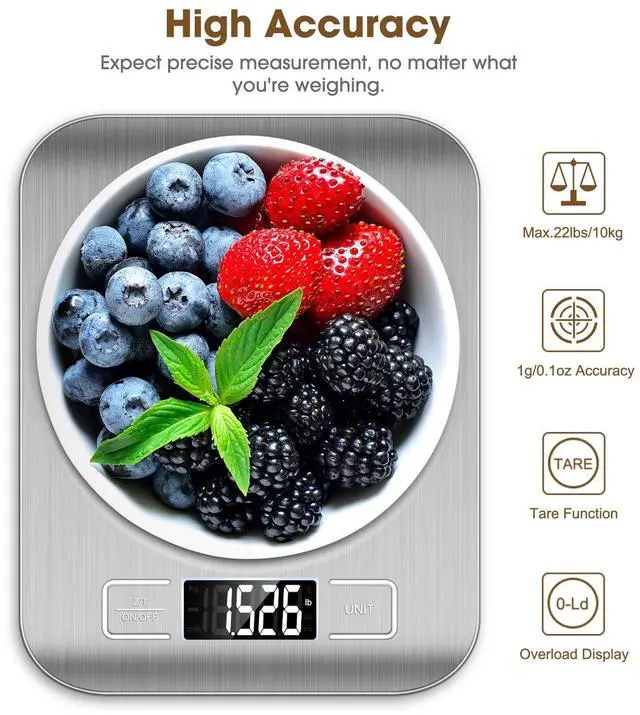 Alt view image 4 of 7 - Food Scale, 22lb Digital Kitchen Scale Weight Grams and Oz for Baking and Cooking, 1g/0.1oz Precise Graduation, Easy Clean Stainless Steel