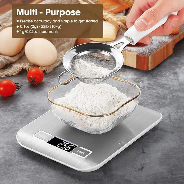 Alt view image 7 of 7 - Food Scale, 22lb Digital Kitchen Scale Weight Grams and Oz for Baking and Cooking, 1g/0.1oz Precise Graduation, Easy Clean Stainless Steel