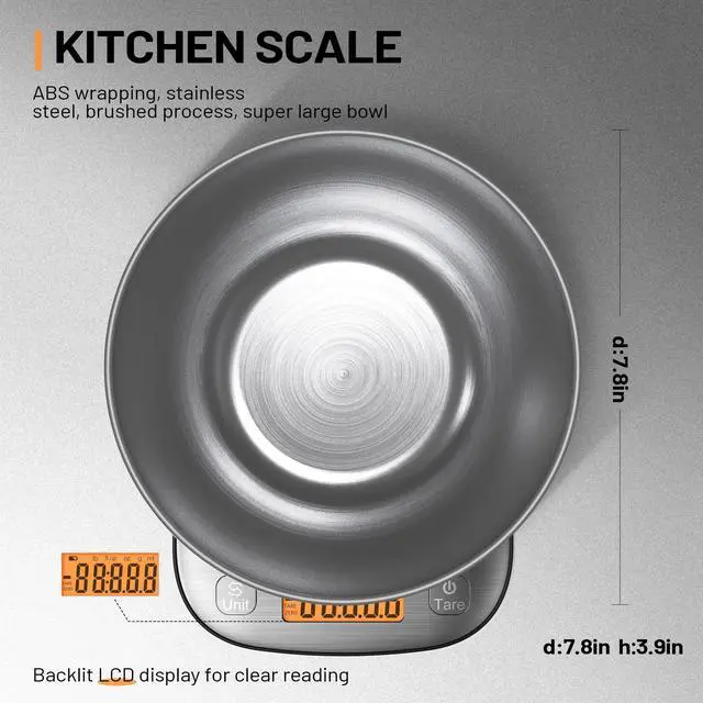 Alt view image 4 of 5 - Food Kitchen Scale Digital Weight Grams and Oz with IPX6 WaterproofProfessional Stainless Steel Digital Kitchen Food Scale 11lb/0.01oz with Bowl for Weight Loss Dieting Baking Cooking