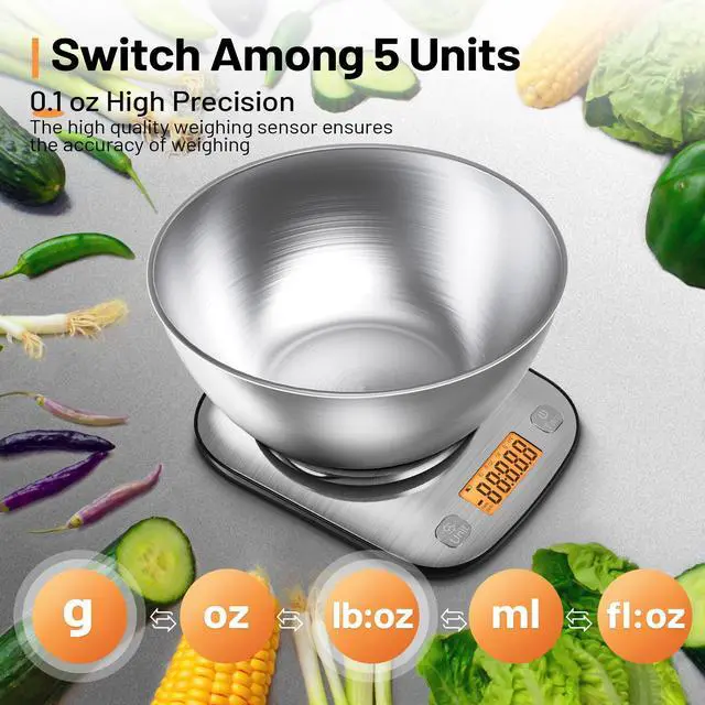 Alt view image 2 of 5 - Food Kitchen Scale Digital Weight Grams and Oz with IPX6 WaterproofProfessional Stainless Steel Digital Kitchen Food Scale 11lb/0.01oz with Bowl for Weight Loss Dieting Baking Cooking