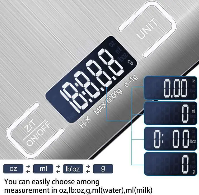 Alt view image 5 of 7 - Digital Kitchen Scale,Food Scale for Meat Baking Weighter,Unit Gram OZ lb Up 11 lb(1g-5KG),Silver Stainless Steel Anti-Fingerprint with Accuracy LCD Display for Cooking Black(Include AAA Battery)
