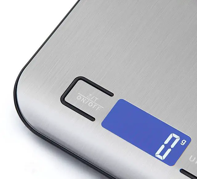 Alt view image 6 of 7 - Digital Kitchen Scale,Food Scale for Meat Baking Weighter,Unit Gram OZ lb Up 11 lb(1g-5KG),Silver Stainless Steel Anti-Fingerprint with Accuracy LCD Display for Cooking Black(Include AAA Battery)