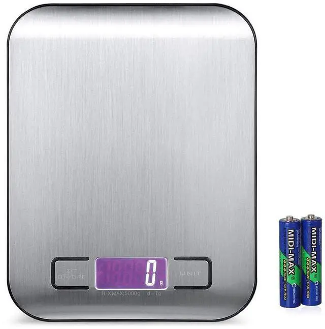 Main image of Digital Kitchen Scale,Food Scale for Meat Baking Weighter,Unit Gram OZ lb Up 11 lb(1g-5KG),Silver Stainless Steel Anti-Fingerprint with Accuracy LCD Display for Cooking Black(Include AAA Battery)