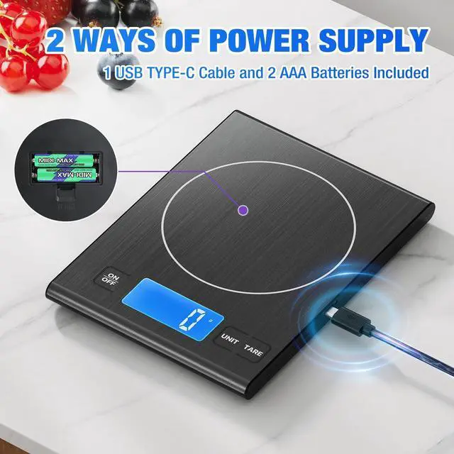Alt view image 2 of 7 - Rechargeable 304 Stainless Steel Kitchen Scale, 33lb Digital Food Scale with LCD Display, Batteries and Type-C Charging, for Meal Prep, Cooking, Baking (Black)