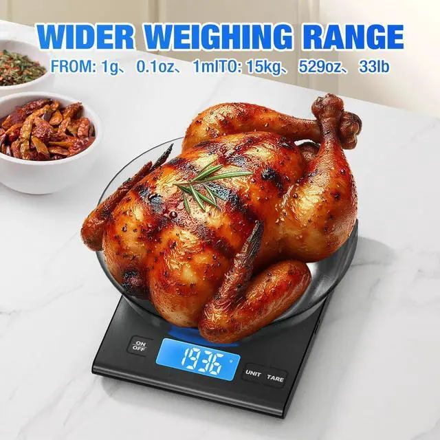 Alt view image 4 of 7 - Rechargeable 304 Stainless Steel Kitchen Scale, 33lb Digital Food Scale with LCD Display, Batteries and Type-C Charging, for Meal Prep, Cooking, Baking (Black)