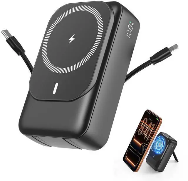 Main image of Magnetic Wireless Power Bank 26800mAh, PD 22.5W Type-C Fast Charging Portable Charger 5 Outputs, Battery Pack for Magsafe Built in 2 Cables with Stand LED Display for iPhone 17/16/15/14/13/12-Black