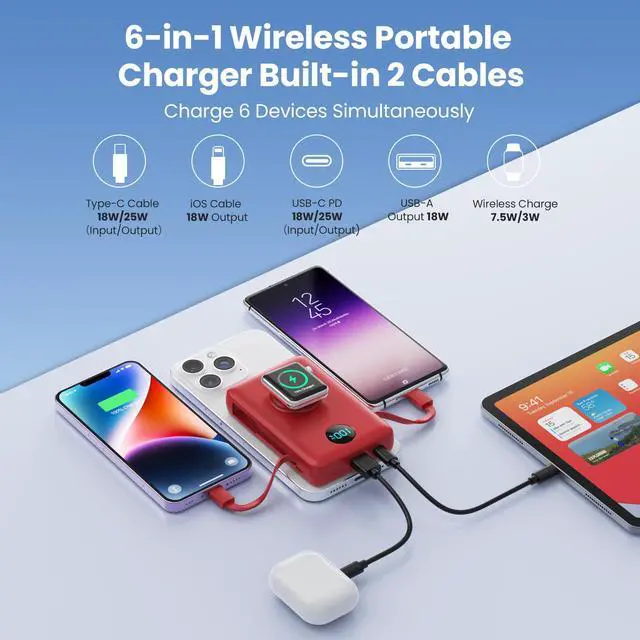 Alt view image 3 of 7 - Magnetic Portable Charger for MagSafe with Built-in Cable,iWatch Charger,10800mAh Wireless Power Bank Travel Essentials,25W Fast Charging Battery Pack for iPhone 17/16/15,Apple Watch(Red,10800mAh)