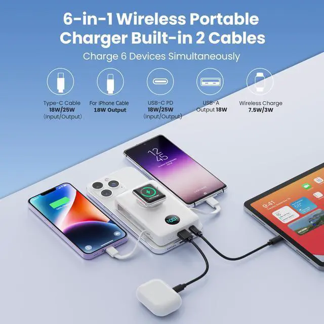 Alt view image 3 of 7 - 6 in 1 Magnetic Portable Charger for iPhone with Built-in Cables, 10800mAh 25W PD Fast Charging Power Bank, 6 Outputs Travel Essential Battery Pack for iPhone 17/16/15/14/13/12,Apple Watch (White)