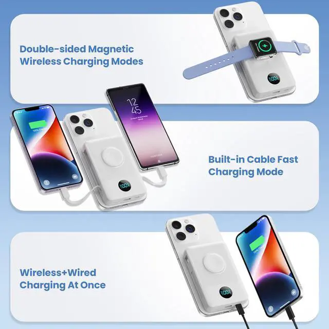 Alt view image 5 of 7 - 6 in 1 Magnetic Portable Charger for iPhone with Built-in Cables, 10800mAh 25W PD Fast Charging Power Bank, 6 Outputs Travel Essential Battery Pack for iPhone 17/16/15/14/13/12,Apple Watch (White)