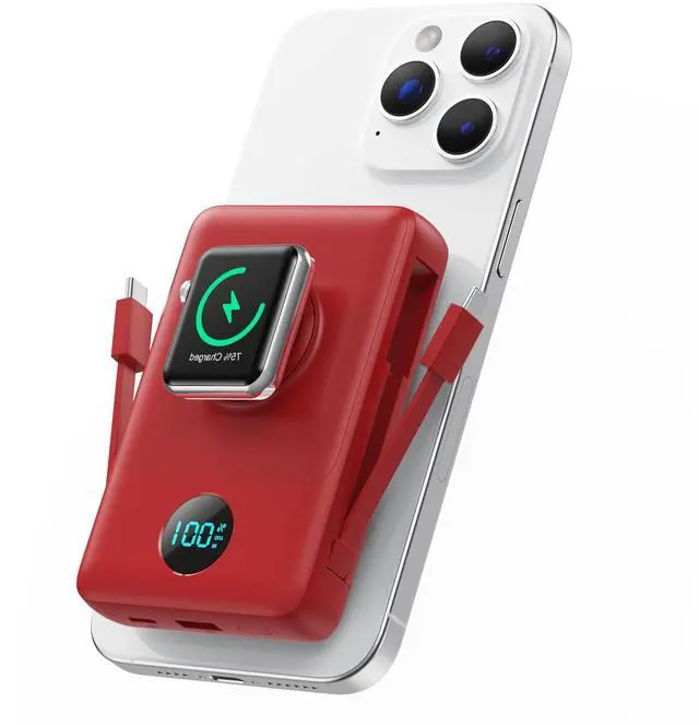 Main image of Magnetic Portable Charger for MagSafe with Built-in Cable,iWatch Charger,10800mAh Wireless Power Bank Travel Essentials,25W Fast Charging Battery Pack for iPhone 17/16/15,Apple Watch(Red,10800mAh)