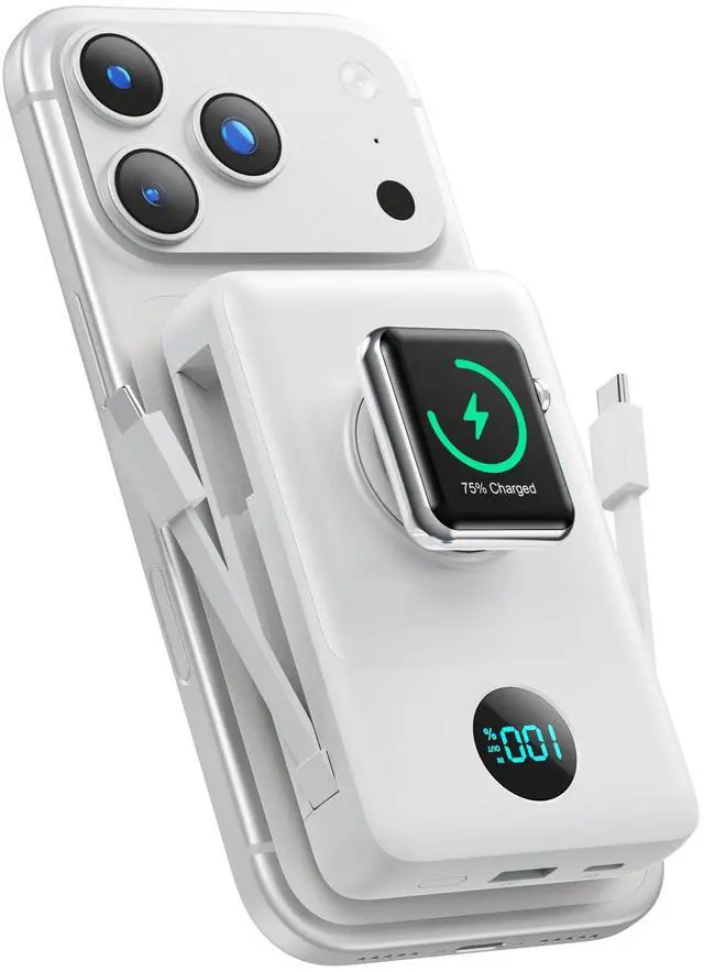 Main image of 6 in 1 Magnetic Portable Charger for iPhone with Built-in Cables, 10800mAh 25W PD Fast Charging Power Bank, 6 Outputs Travel Essential Battery Pack for iPhone 17/16/15/14/13/12,Apple Watch (White)
