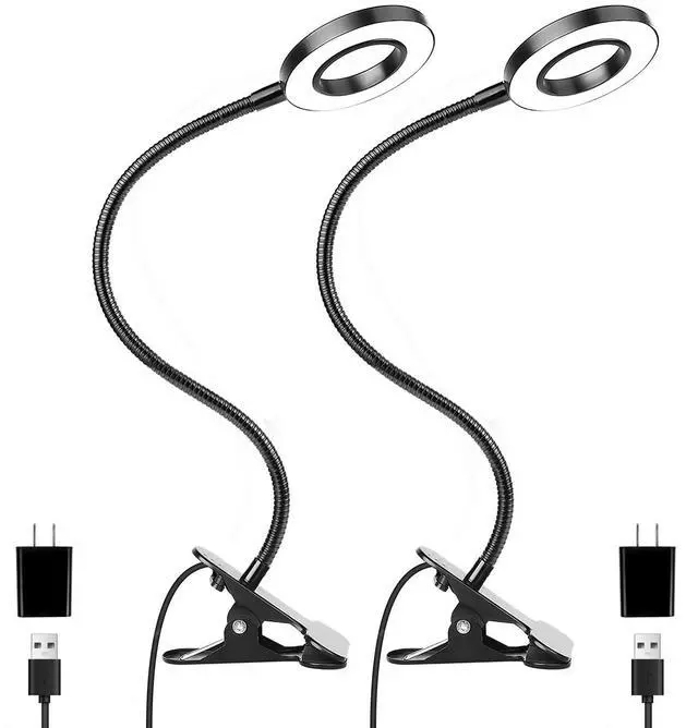Main image of Desk Clip on Lamp for Reading Home Office, with 5V 2A Adapter, 10 Dimmable Brightness 3 Modes, Clamp Reading Light for Bed Headboard, Craft (2packs, Black)