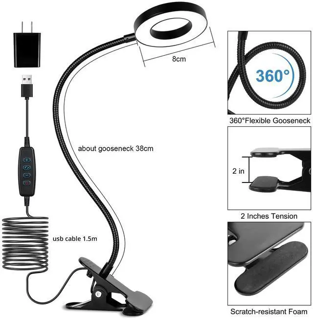Alt view image 4 of 6 - Desk Clip on Lamp for Reading Home Office, with 5V 2A Adapter, 10 Dimmable Brightness 3 Modes, Clamp Reading Light for Bed Headboard, Craft (2packs, Black)