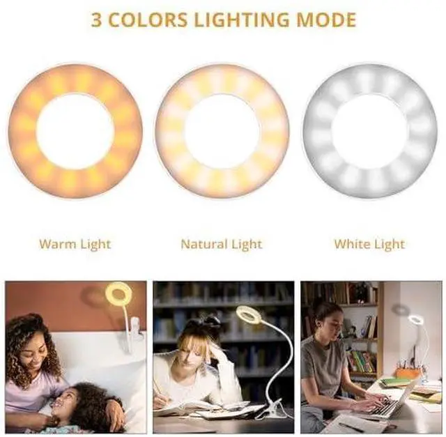 Alt view image 2 of 7 - Desk Clip on Lamp for Reading Home Office, with 5V 2A Adapter, 10 Dimmable Brightness 3 Modes, Clamp Reading Light for Bed Headboard, Craft (White)