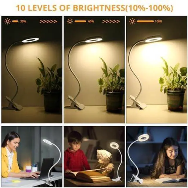 Alt view image 3 of 7 - Desk Clip on Lamp for Reading Home Office, with 5V 2A Adapter, 10 Dimmable Brightness 3 Modes, Clamp Reading Light for Bed Headboard, Craft (White)