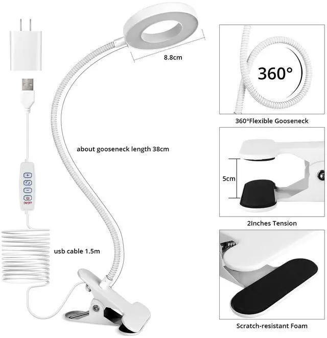 Alt view image 4 of 7 - Desk Clip on Lamp for Reading Home Office, with 5V 2A Adapter, 10 Dimmable Brightness 3 Modes, Clamp Reading Light for Bed Headboard, Craft (White)