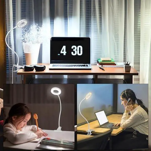 Alt view image 6 of 7 - Desk Clip on Lamp for Reading Home Office, with 5V 2A Adapter, 10 Dimmable Brightness 3 Modes, Clamp Reading Light for Bed Headboard, Craft (White)