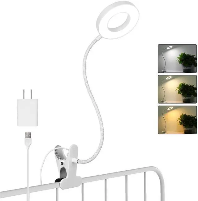 Main image of Desk Clip on Lamp for Reading Home Office, with 5V 2A Adapter, 10 Dimmable Brightness 3 Modes, Clamp Reading Light for Bed Headboard, Craft (White)