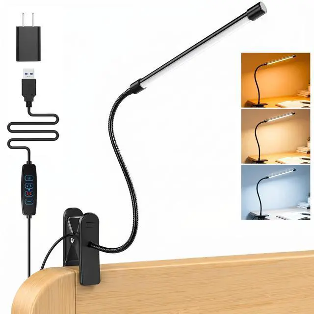 Alt view image 2 of 7 - Clip on Reading Light for Books in Bed: Adjustable Dimmable Gooseneck Eye Caring LED Small Desk Table Lamps with Clamp: 3 Modes Lighting Night Lamp for Bed Headboard - Bedsidewith Power Adapter