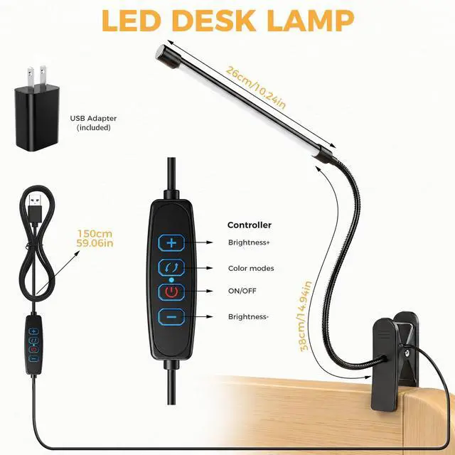 Alt view image 3 of 7 - Clip on Reading Light for Books in Bed: Adjustable Dimmable Gooseneck Eye Caring LED Small Desk Table Lamps with Clamp: 3 Modes Lighting Night Lamp for Bed Headboard - Bedsidewith Power Adapter