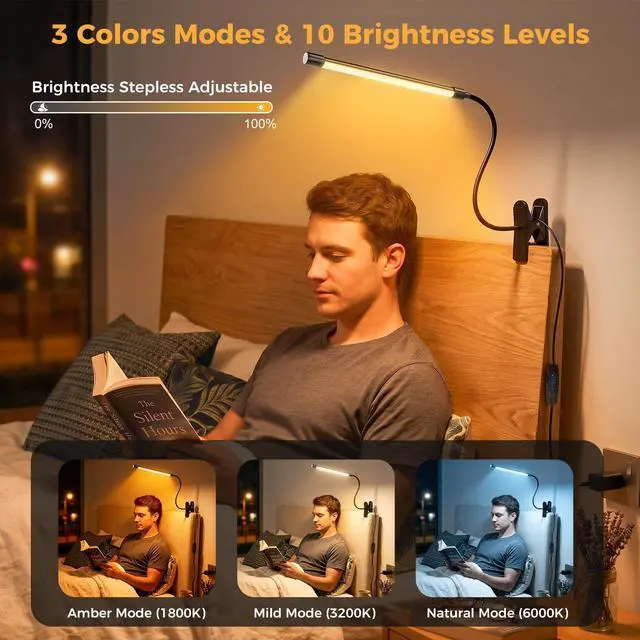 Alt view image 7 of 7 - Clip on Reading Light for Books in Bed: Adjustable Dimmable Gooseneck Eye Caring LED Small Desk Table Lamps with Clamp: 3 Modes Lighting Night Lamp for Bed Headboard - Bedsidewith Power Adapter