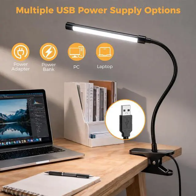 Alt view image 5 of 7 - Clip on Reading Light for Books in Bed: Adjustable Dimmable Gooseneck Eye Caring LED Small Desk Table Lamps with Clamp: 3 Modes Lighting Night Lamp for Bed Headboard - Bedsidewith Power Adapter