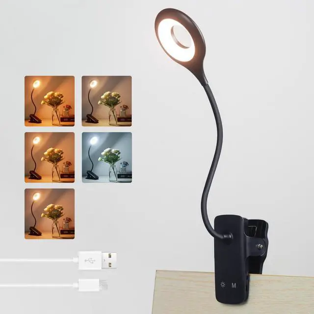 Main image of Desk Lamp LED Clip on Light, 5 Modes 5 Brightness Dimmable Clamp Light, Rechargeable Battery Flexible Clip on Reading Lamp for Bed Headboard Bunk Bed at Night for Kids (Black)
