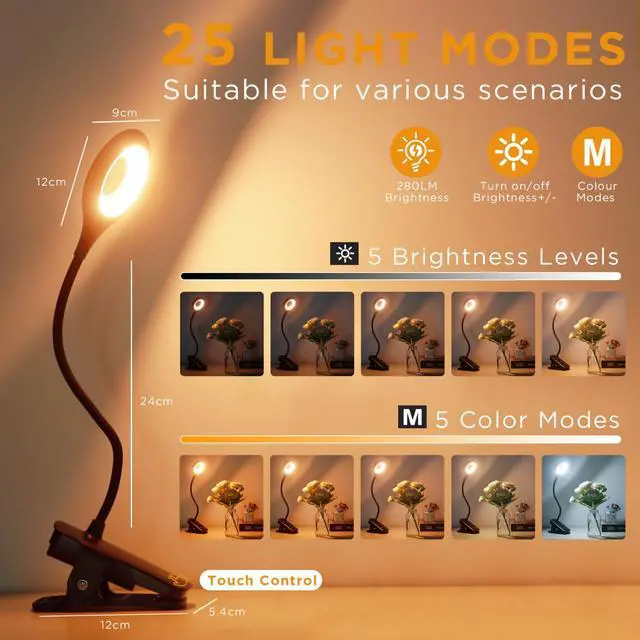 Alt view image 2 of 7 - Desk Lamp LED Clip on Light, 5 Modes 5 Brightness Dimmable Clamp Light, Rechargeable Battery Flexible Clip on Reading Lamp for Bed Headboard Bunk Bed at Night for Kids (Black)