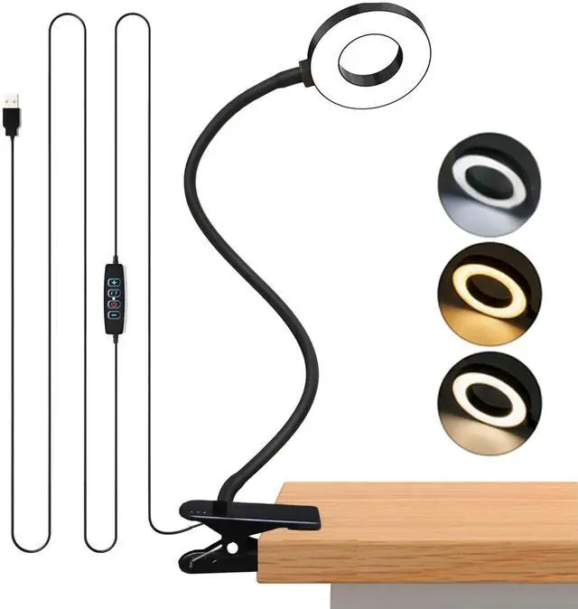Main image of LED Desk Lamp with Clamp, Clip on Book Light for Reading in Bed, 48 LED Reading Light with 3 Colors & 10 Brightness, 15" Gooseneck Clamp Lamp for Bed Headboard, Home Office, Dorm, Crafting