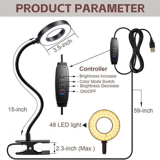 Alt view image 4 of 7 - LED Desk Lamp with Clamp, Clip on Book Light for Reading in Bed, 48 LED Reading Light with 3 Colors & 10 Brightness, 15" Gooseneck Clamp Lamp for Bed Headboard, Home Office, Dorm, Crafting