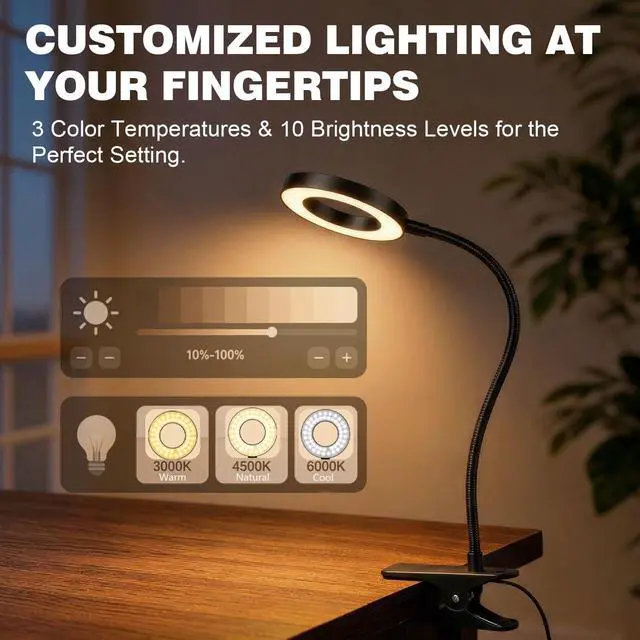 Alt view image 2 of 7 - LED Desk Lamp with Clamp, Clip on Book Light for Reading in Bed, 48 LED Reading Light with 3 Colors & 10 Brightness, 15" Gooseneck Clamp Lamp for Bed Headboard, Home Office, Dorm, Crafting